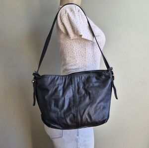 SAS genuine handsewn blue leather shoulder bag with gold hardware